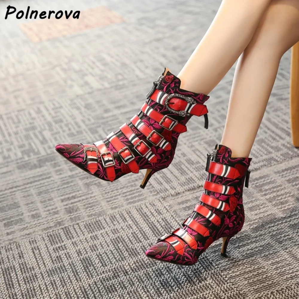 Multi Buckle Patchwork Ankle Boots Snake Pattern Zipper Kitten Heels Genuine Leather Pointy Toe Shoes Winter Fashion Sexy Boots