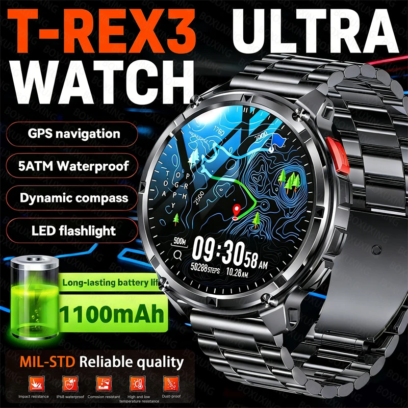 

Новые смарт-часы 2026 года T-Rex3 Ultra с аккумулятором 1100 мАч, 1,7-дюймовым AMOLED-экраном, GPS, отслеживанием маршрута, водонепроницаемостью 5ATM, компасом, LED-фонариком, совместимые с iOS