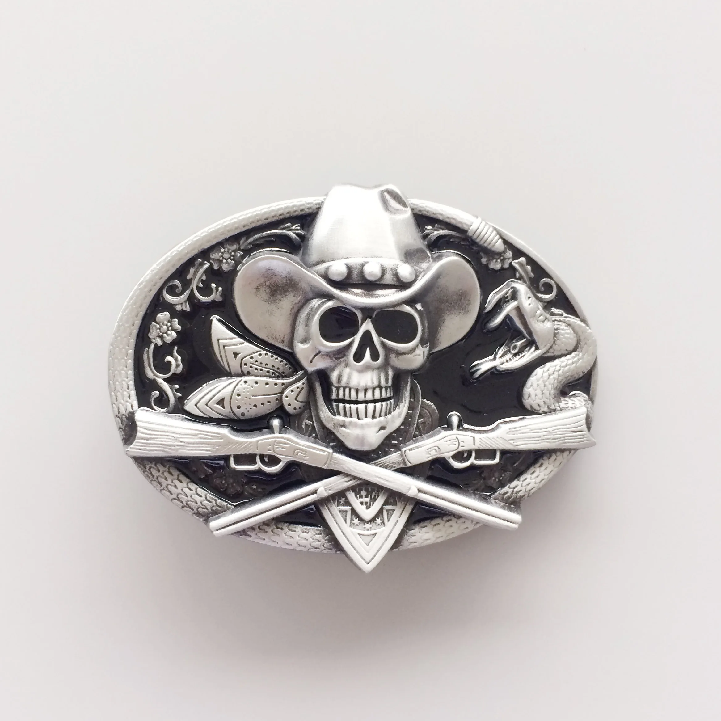 New Western Black Cowboy Skull Pirate Rifles Belt Buckle also Stock in US BUCKLE-SK036BK Free Shipping