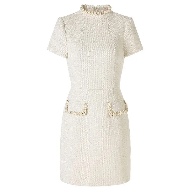 

Elegant Short-Sleeved Midi Dress in Beige with Bead Embellishment High Waist Crude Weave Ball Gown for Women's Spring Autumn