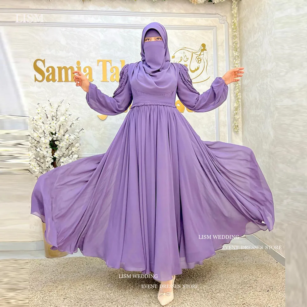 

LISM Modest Purple Chiffon Muslim Evening Dresses Arabic Women Long Sleeves High Neck Ankle Length Pleated Formal Prom Dress