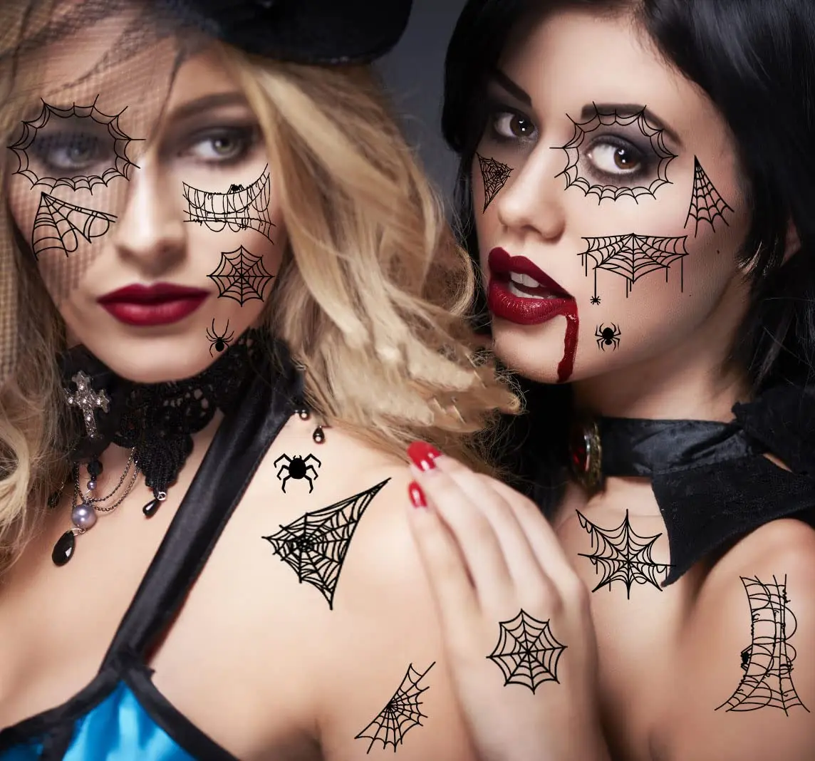 Creepy Halloween Temporary Tattoos Spider Web Fake Tattoos Spider Bat Waterproof Body Sticker Makeup Tattoos Kit Set