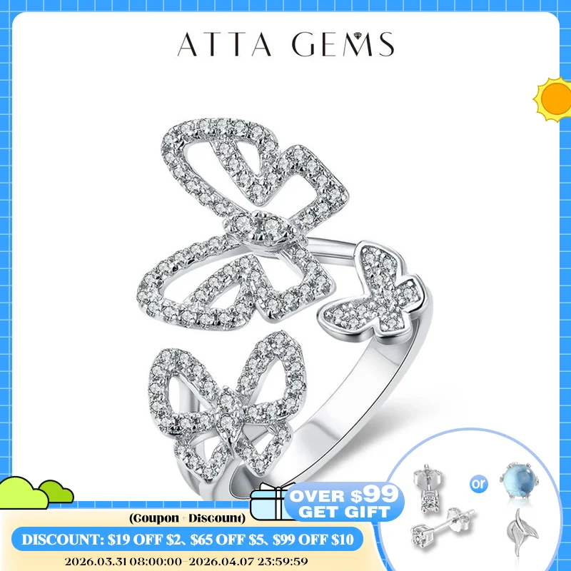

Attagems Moissanite Ring for Women Pass Test Christmas Butterfly Rings 925 Sterling Silver Wedding Fine Jewelry for Women's Gift