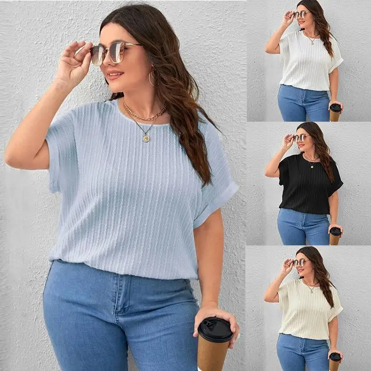 تيشيرت نسائي قصير الأكمام بتصميم عمودي، مقاس كبير، قصة عادية، من ألياف البوليستر، مناسب للأنشطة الخارجية والأعمال، برقبة مستد...