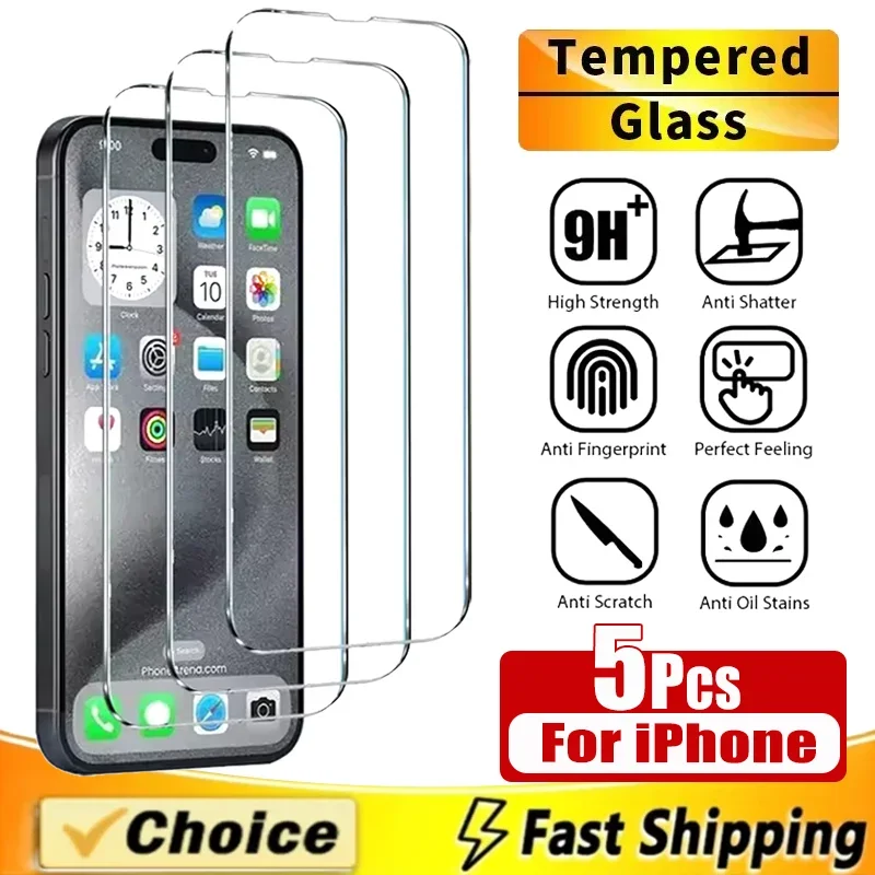 

5PCS Tempered Glass For iPhone 16 Pro Max Screen Protector For iphone 14 13 12 11 15 7 8 Plus X XR XS Max Mini Protective Glass