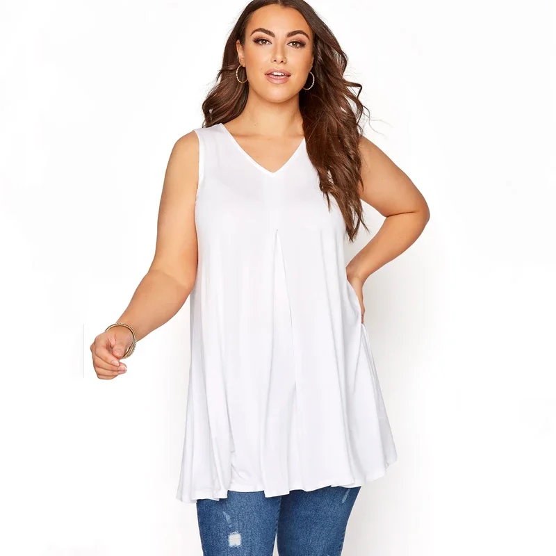 Chaleco largo con cuello en V para mujer, blusa informal sin mangas con detalle plisado, talla grande 8XL