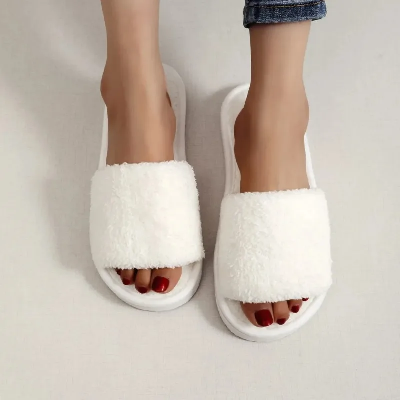 Four Seasons New Women's Home Slippers Slides Sandals Shoes White Fur Warm Plush Comfortable Lightweight Flat image 3