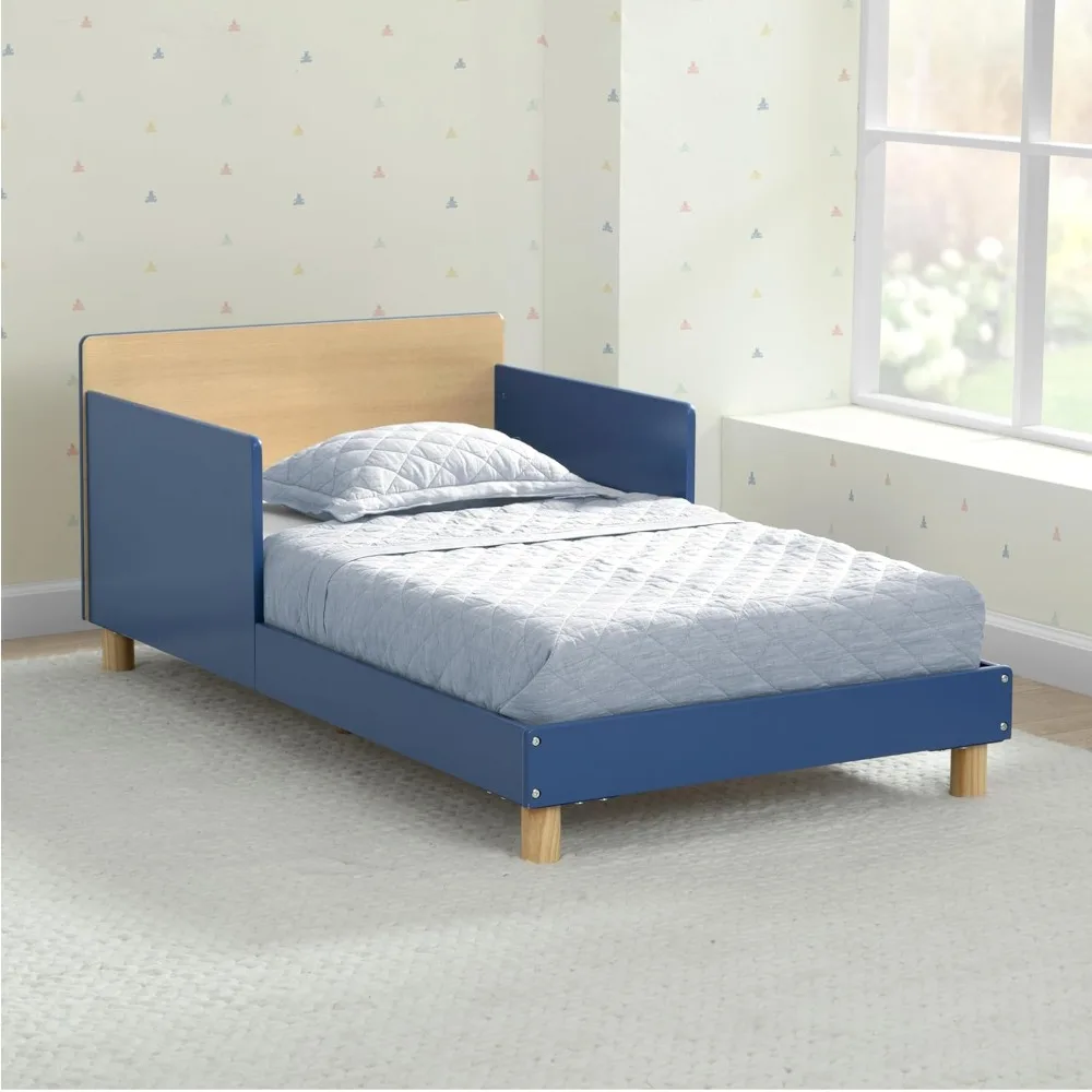 سرير للأطفال الصغار ذو اللوح الأمامي ذو الوجهين مع حاجز حماية، معتمد من Greenguard Gold من أجل الهواء النظيف، أزرق نيلي