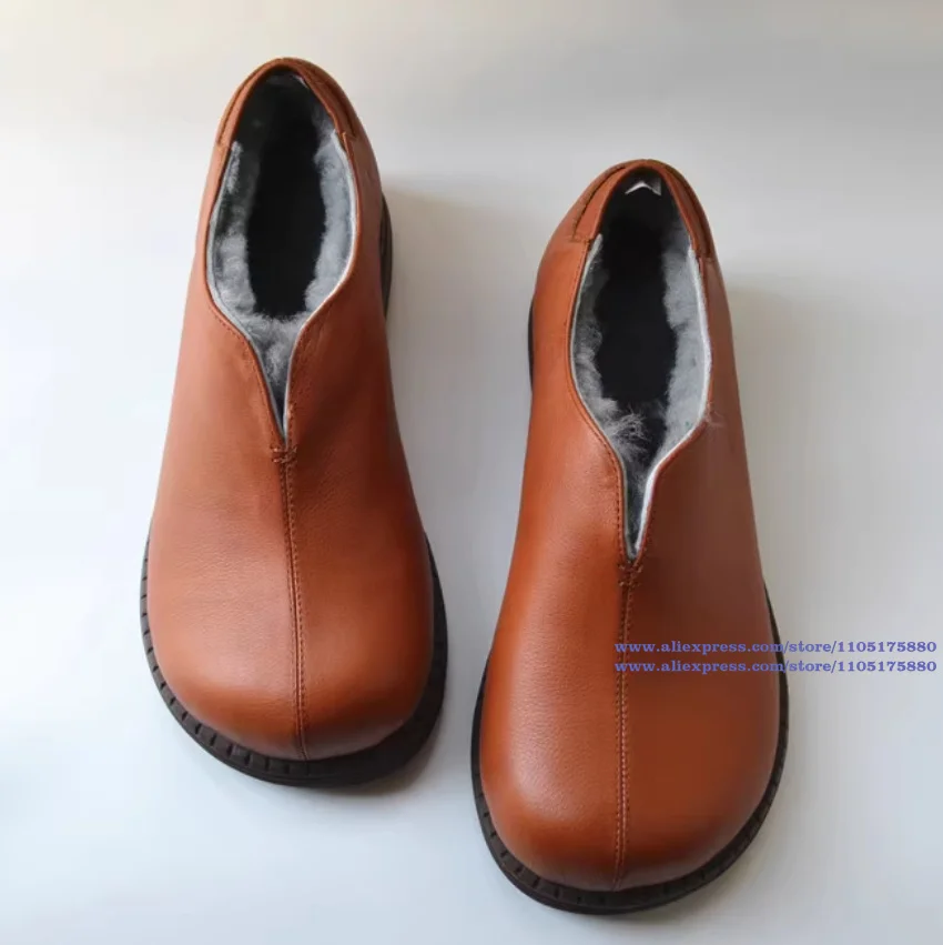 

Brown/black Leather Low Top Shoes Men's Snow Boots Slip On Loafers Anti-Slip Trendy Handmade Winter Men's Shoes Botas