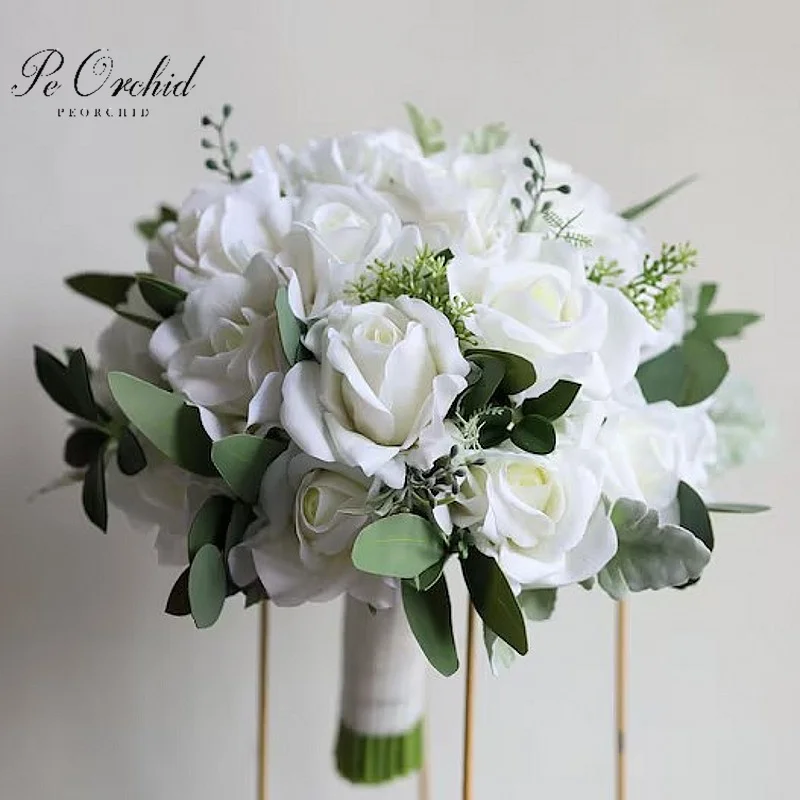 PEORCHID Cream White Greenery Faux Flowers Bouquet Weddings Real Touch Roses Artificial Rustic Boho Bridal Bouquet For Brides