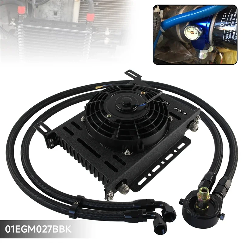 

7" Electric Fan Kit 15 Row Oil Cooler New w/ Bracket 10-AN10 7/8"-14 UNF;M20×1.5&3/4"-16 UNF Filter Adapter Universal Black/Blue