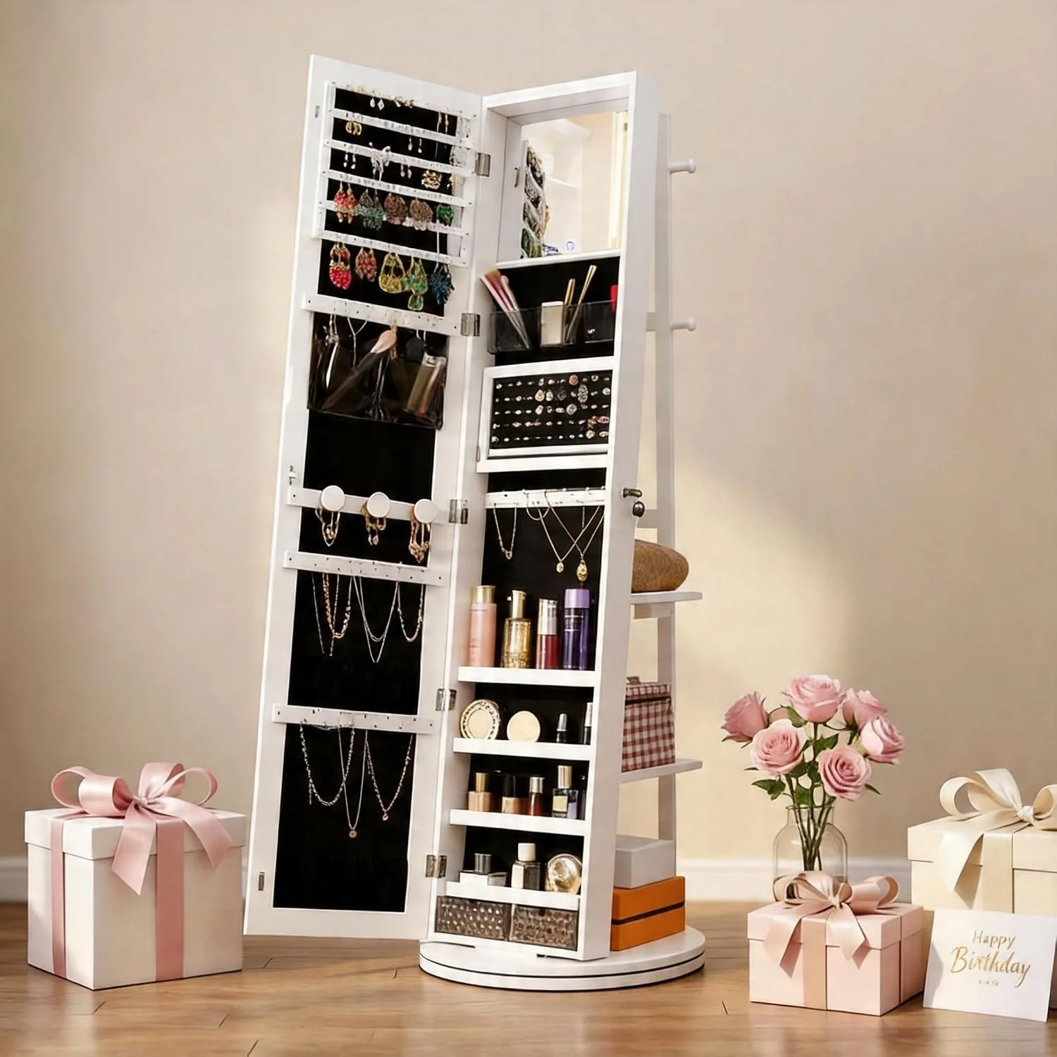360° Swivel Jewelry Cabinet with Full-Length Mirror, Power Outlet | Lockable Standing Jewelry Organizer with Rear Storage Shelves, Interior Mirror, LED Lights, White