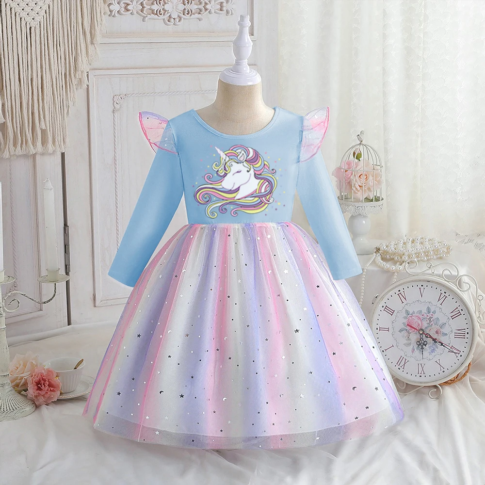 Neue Kinderkleidung Frühling und Herbst Langarm-Kleid Mädchen Prinzessinnenkleid Kinder Baby Geburtstagsparty Kleidung Einhorn-Kleidung – Detail 4