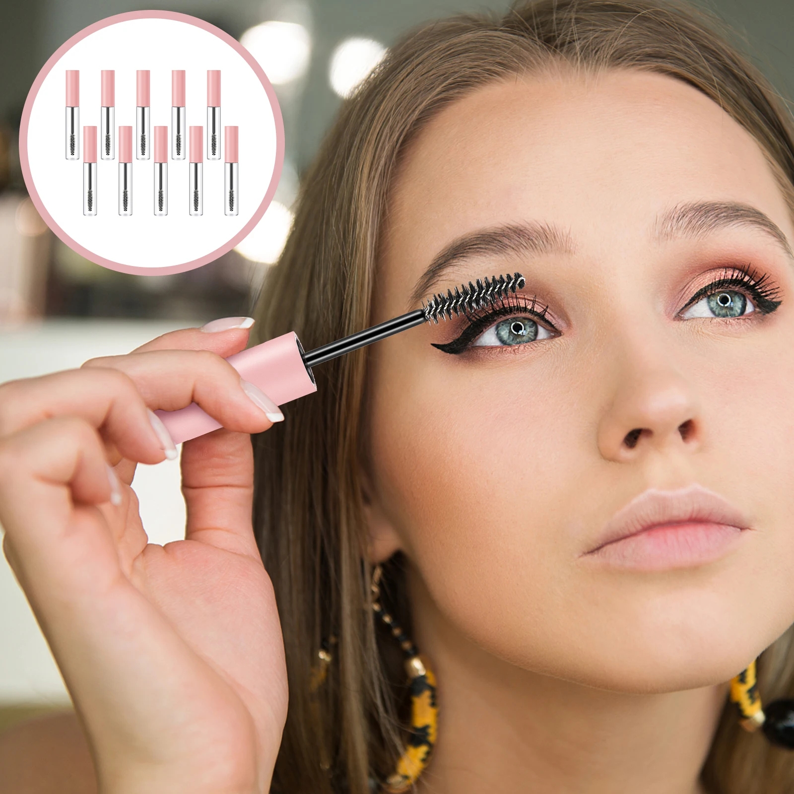 

10pcs Pink 10ml Empty Mascara Tubes Refillable Eyeliner Bottle Transparent Body DIY Fake Eyelashes Cream Storage Portable Size