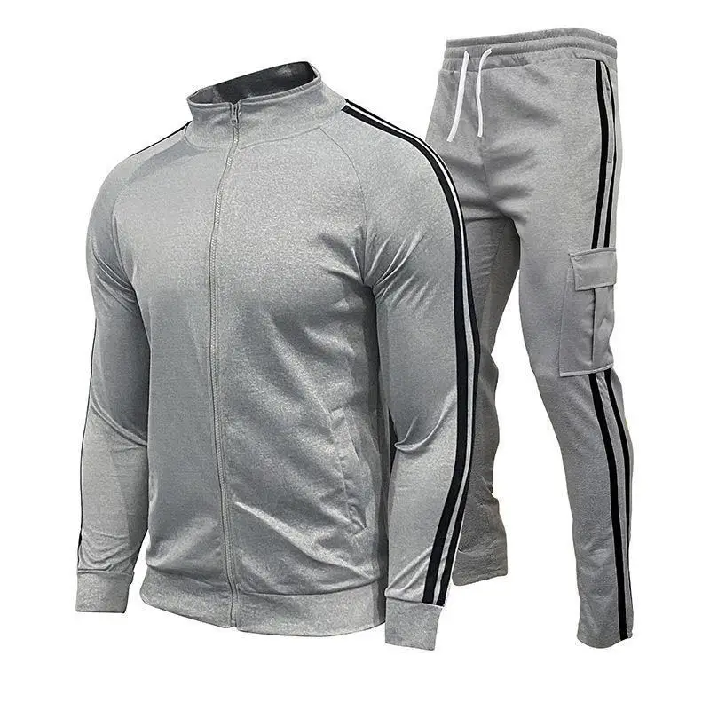 2024 European and American trendy spring and autumn men's outdoor running and leisure striped contrasting fitness and sports set