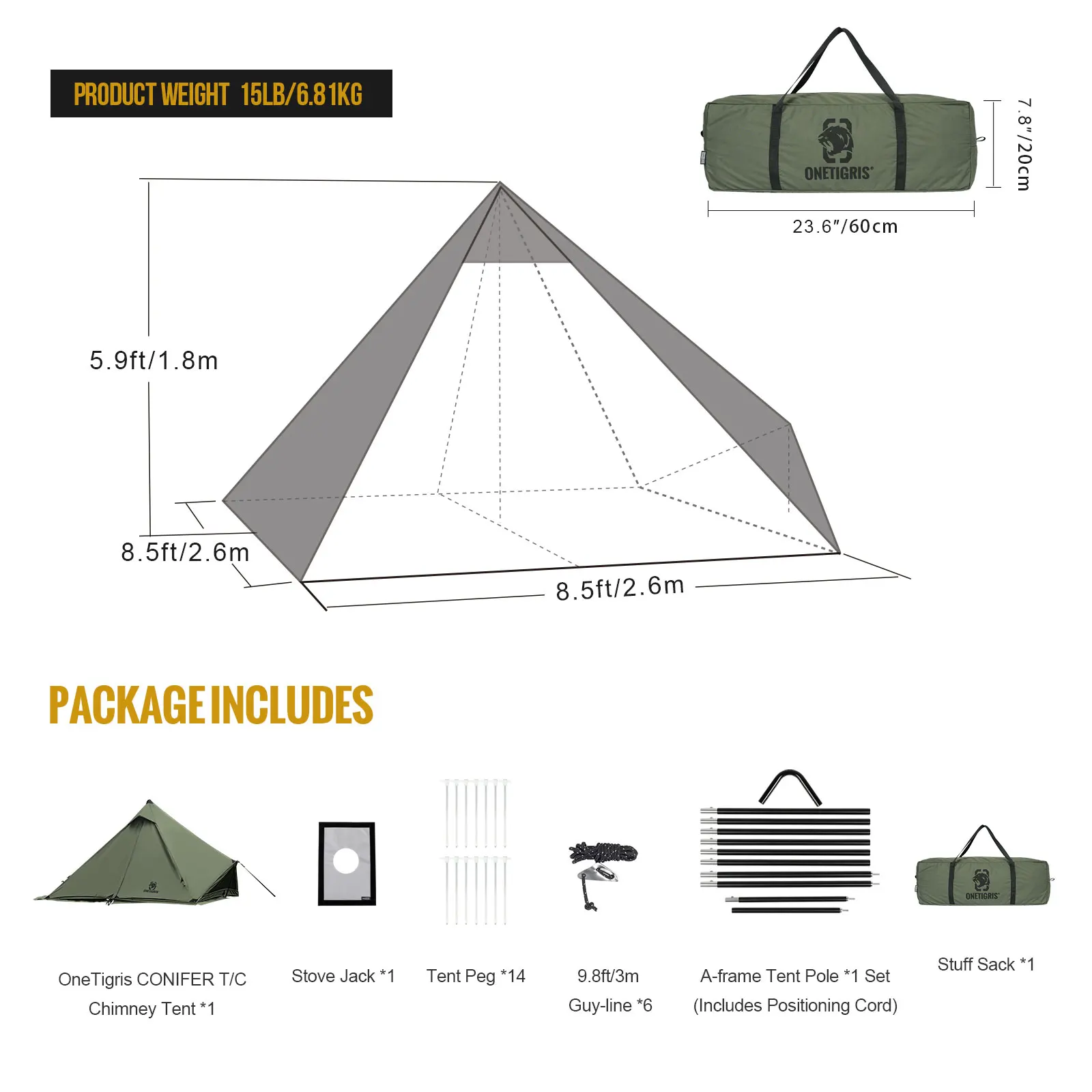 OneTigris CONIFER T/C Chimney Tent 1-2 Persons Pyramid/Teepee Hot Tent With Tent Poles Snow Skirts for Camping & Bushcrafters