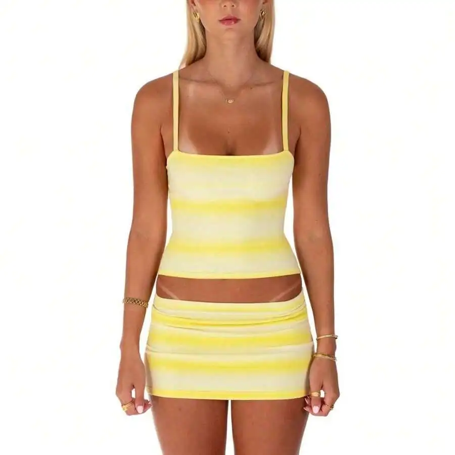 

Women Striped Cropped Cami Top And Bodycon Mini Skirt Set Summer Casual Party Outfit