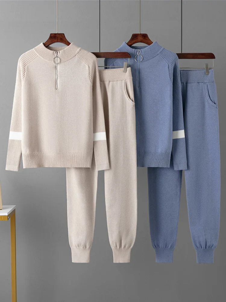 

Fashion Sweater Knitted 2 Piece Set O-Neck Women's Casual Knitwear Zippers Pullover Conjuntos High Waisted Sweatpants Outfit