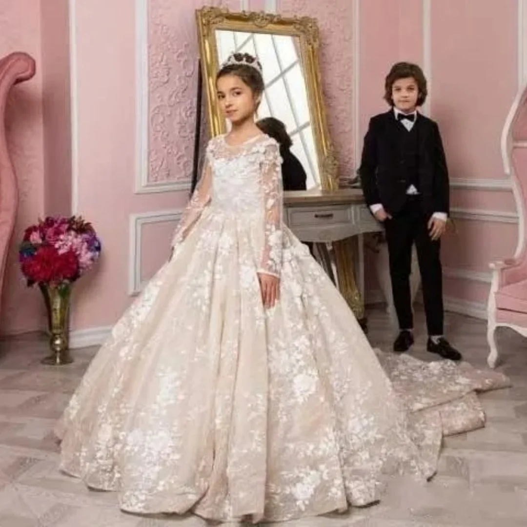 フルスリーブフラワーガールドレス結婚式用レースアップリケガールウエディングドレス写真撮影用初聖体ドレスカスタマイズ