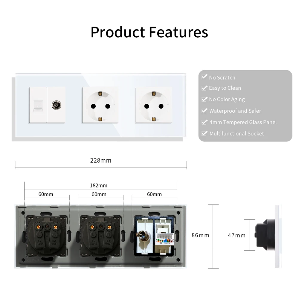 Bingoelec TV Computer Internet With EU Russia Standard Sockets Double Wall Plug Crystal Glass Panel Home Improvement