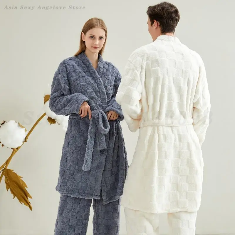 

Fashion Plaid Couple Sleepwear Loungewear Coral Fleece Long Sleeve Cardigan Pants Pajamas Set Autumn Winter Flannel Home Clothes