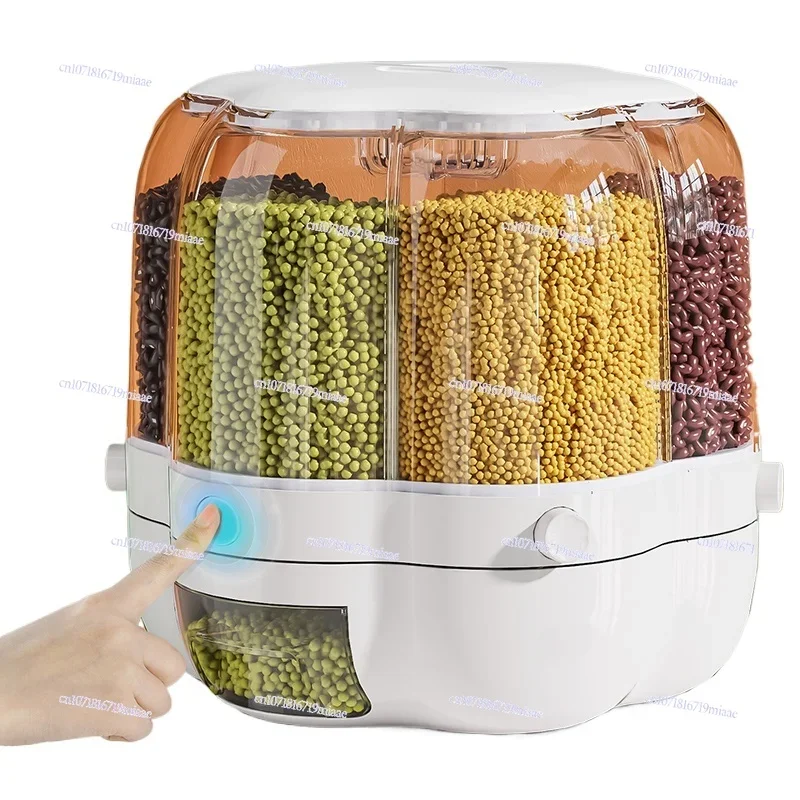 Rotatable grain grid-packed rice bucket, household sealed insect-proof and moisture-proof separated rice storage box