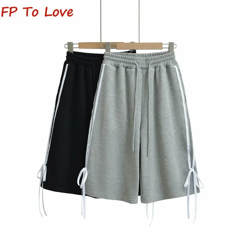 

Y2K Grey Striped Bow Tie Casual Sports Shorts Women 2024 Spring Black Elastic Waist Loose Wide Leg Five Pants