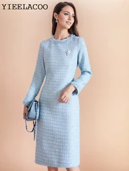 Blue Tweed Dress 2024 spring / autumn women's dress  tassel  slim  one-piece  Ladies Classic bottoming dress