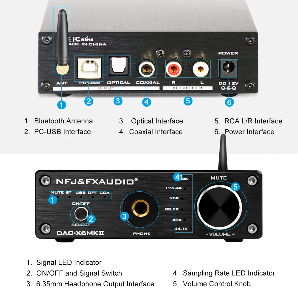 Imagem -04 - Fx-audio x6 Mkii Dac Ess9018 Bluetooth 5.0 Tpa6120 Chip Decodificador Aptx Spdif Coaxial Pc-usb Rca Fone de Ouvido Amplificador Usb Decodificador