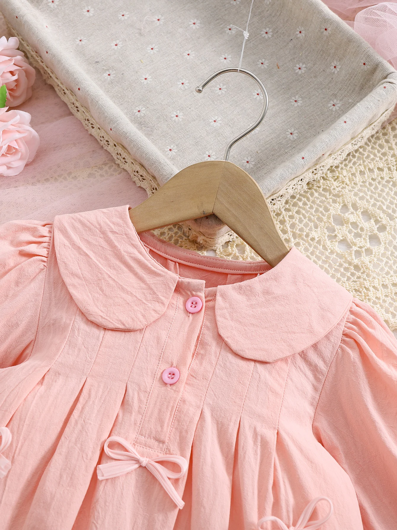 Spring and fall girls long sleeve dress with bow lapel sweet waist skirt