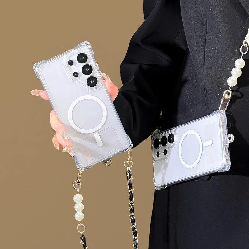 

Pearl Chain Crossbody Necklace Lanyard Phone Case For Samsung S25 S23 S24 Ultra For Magsafe Magnetic Wireless Charging Cover