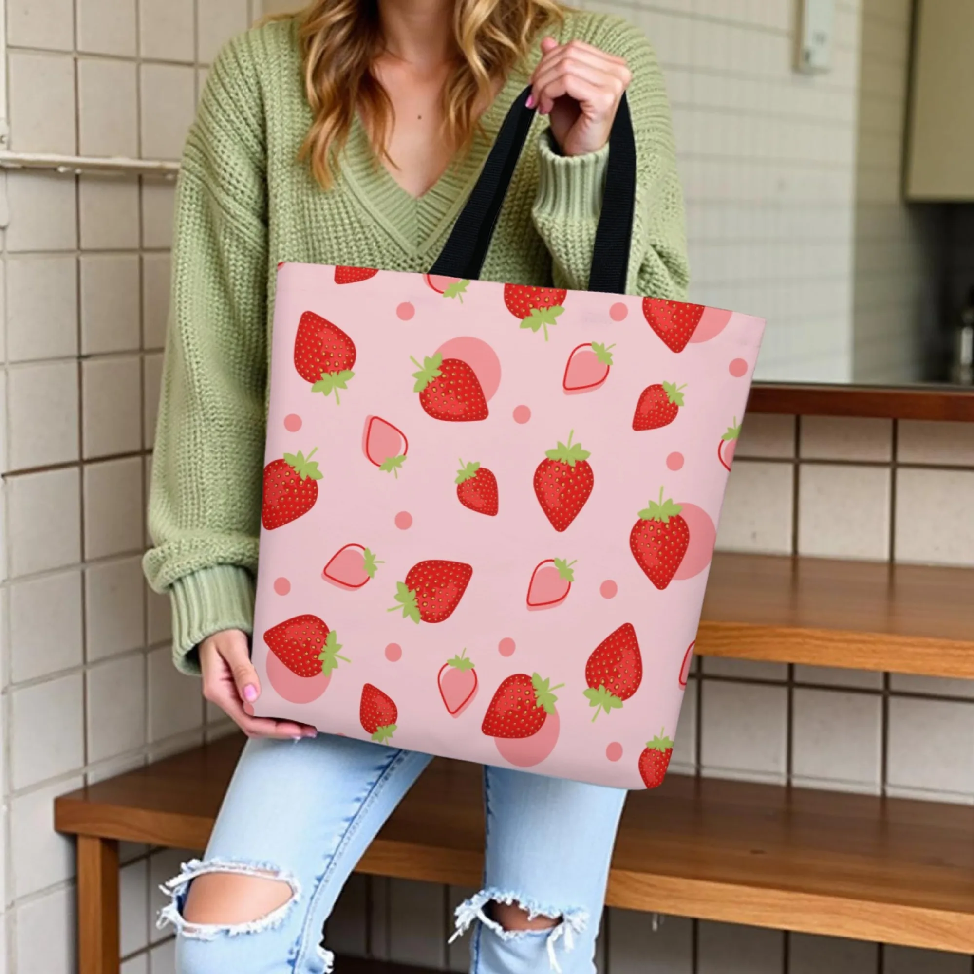 Bolso de mano de lona estilo fresa dulce, bolso de hombro con diseño de fruta rosa para mujer, bolso de compras reutilizable adecuado para viajes diarios