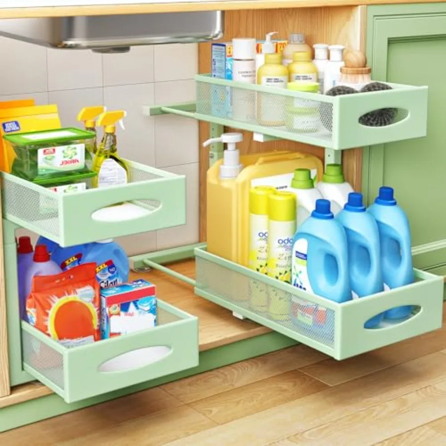 

Under Sink Organizer, 2 Tier Pull out Cabinet Organizer Baskets with Mesh Sliding Drawers, Slide out Storage Shelf for Home, Ki