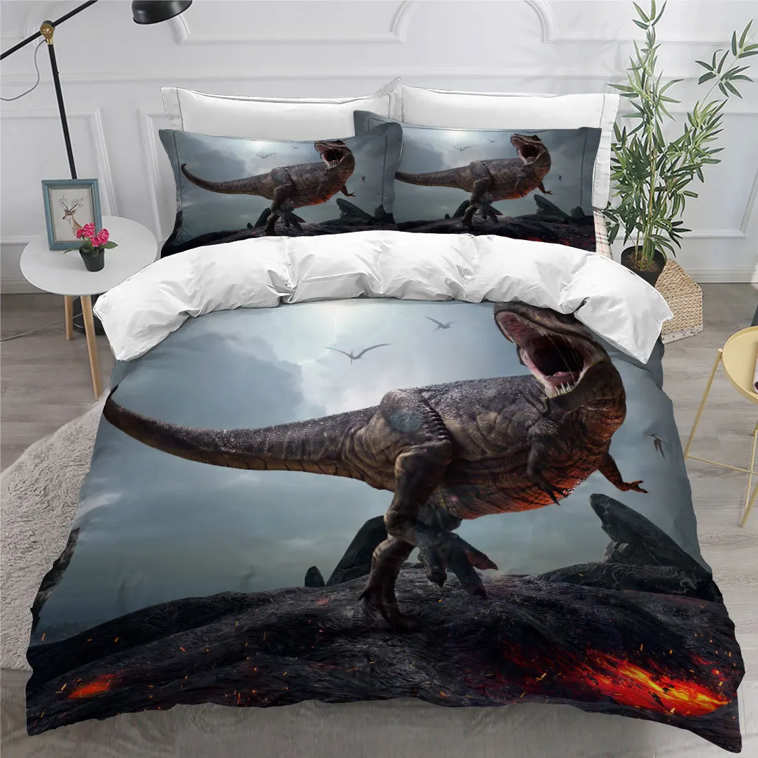 

3D Dinosaur Bedding Set Jurassic World Battle 3 Piece Duvet Cover Set King/queen Size Scary Predator Soft Polyester Quilt Cover