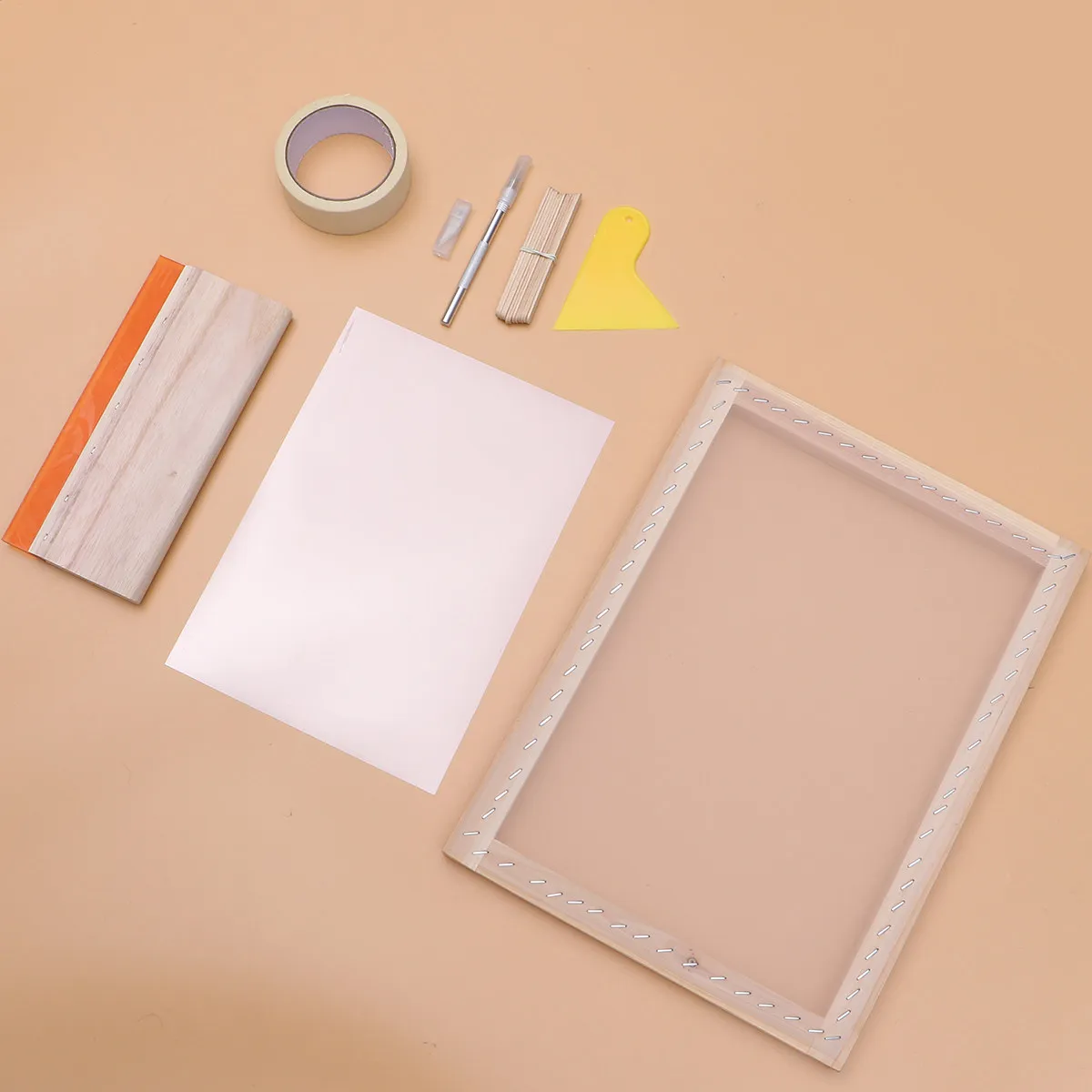 1Set Screen Printing Kit with Wood Frame Inkjet Transparency Film Mask Tape Squeegee Scraper 12 Sticks 5 Blades for DIY Tshirt