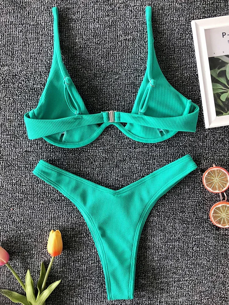 Sexy Neon V-bar Underwired Bikini 2024 Female Ribbed Swimsuit Women Thong Swimwear Two-pieces Bikini set Push up Bathing Suit