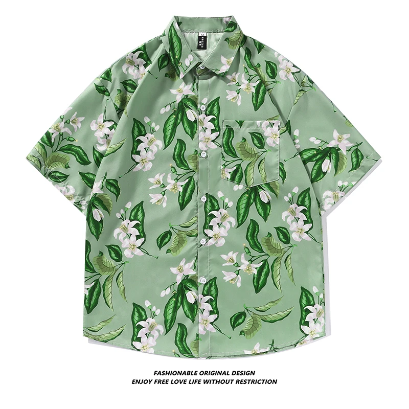 

Hawaii Flower Men's ort Sve irt Summer Thin Ice Silk Beach irt Retro Hong Kong Sle Couple Holiday Island Wear