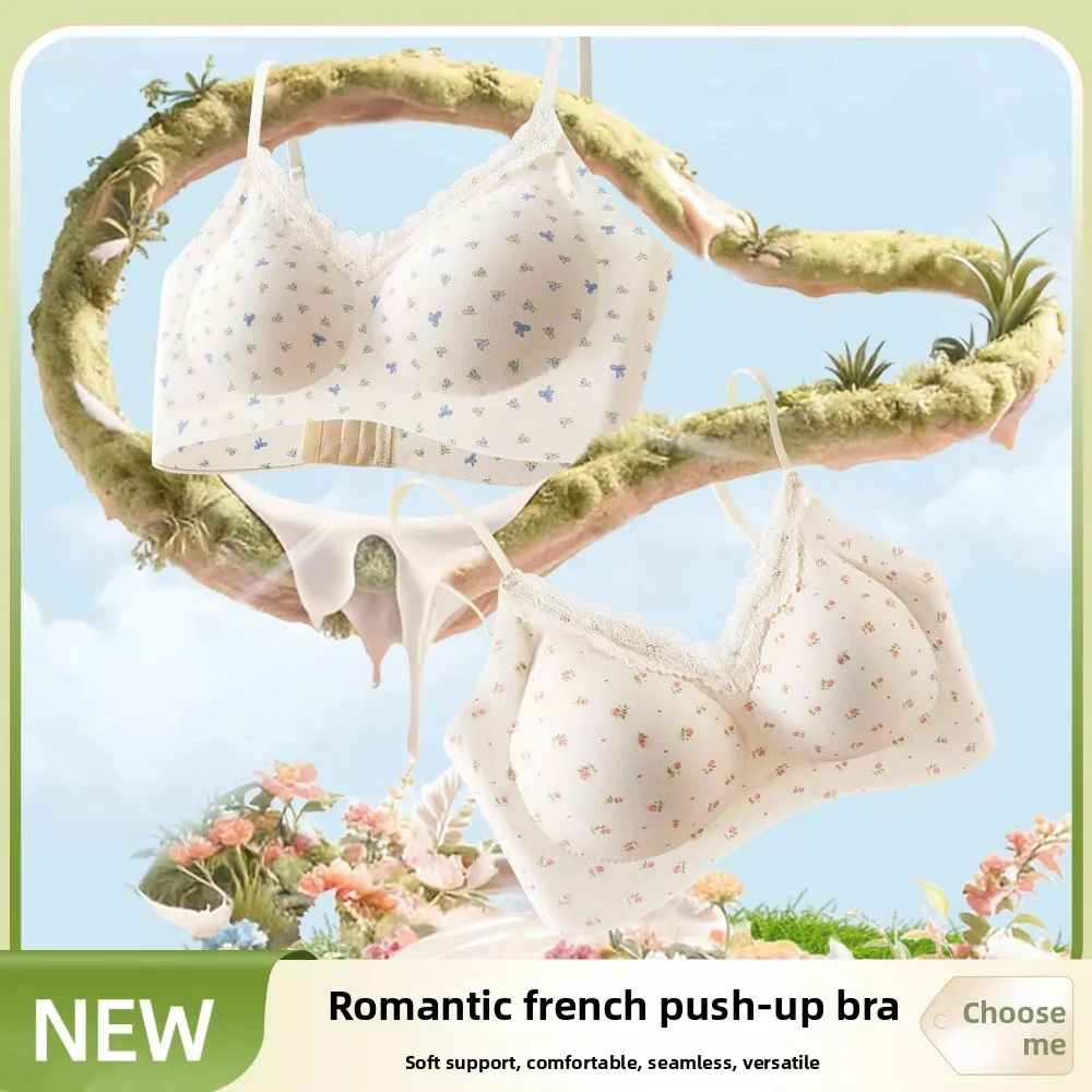 

Traceless Lace Wireless V Bra Flower Bow Grid Pattern Lace Floral Print Bra Gathered Breasts Anti-sagging Seamless Bras