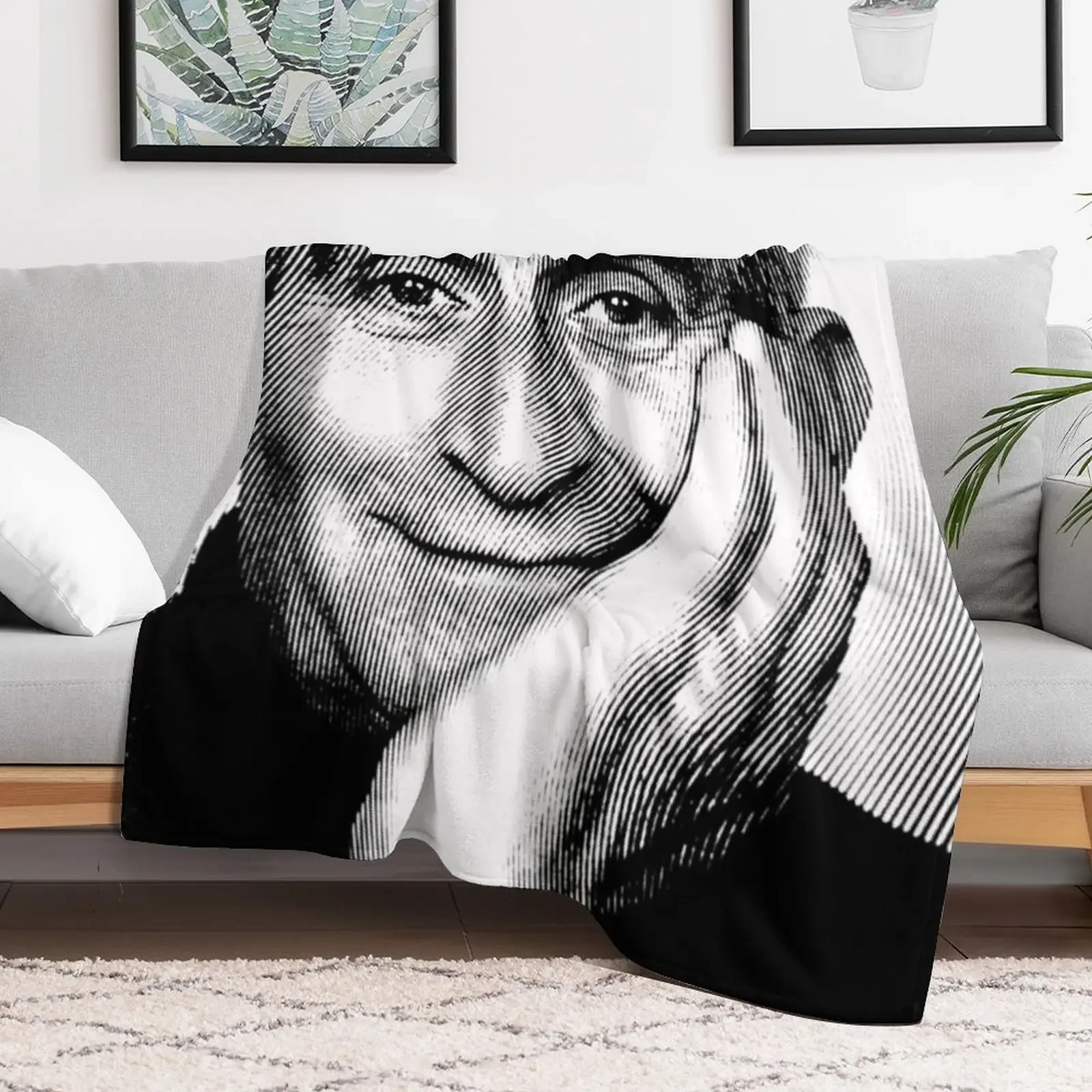 Black & White Portrait (Linocut) Of Louis de Funès Throw Blanket Lightweight Warm Blanket for Indoor Outdoor Use