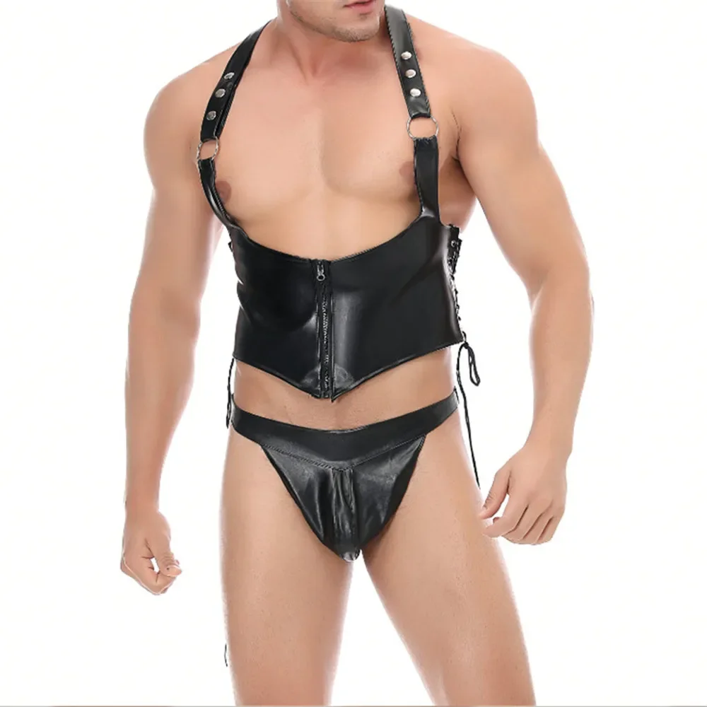 

Men Sexy Faux Leather Bib Top Thongs Sets Body Shaper PU Fashion Corset Gay Cosplay Costumes Lingerie Sets Erotic Nightclub Wear