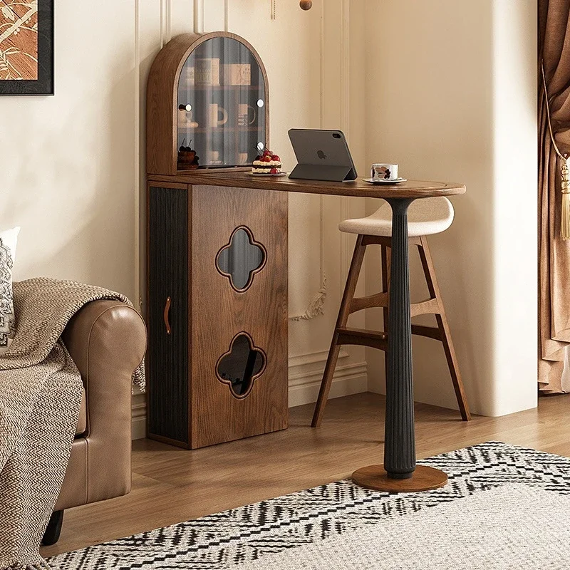 

American solid wood bar table, household small apartment living room in the ancient style, retractable locker integrated