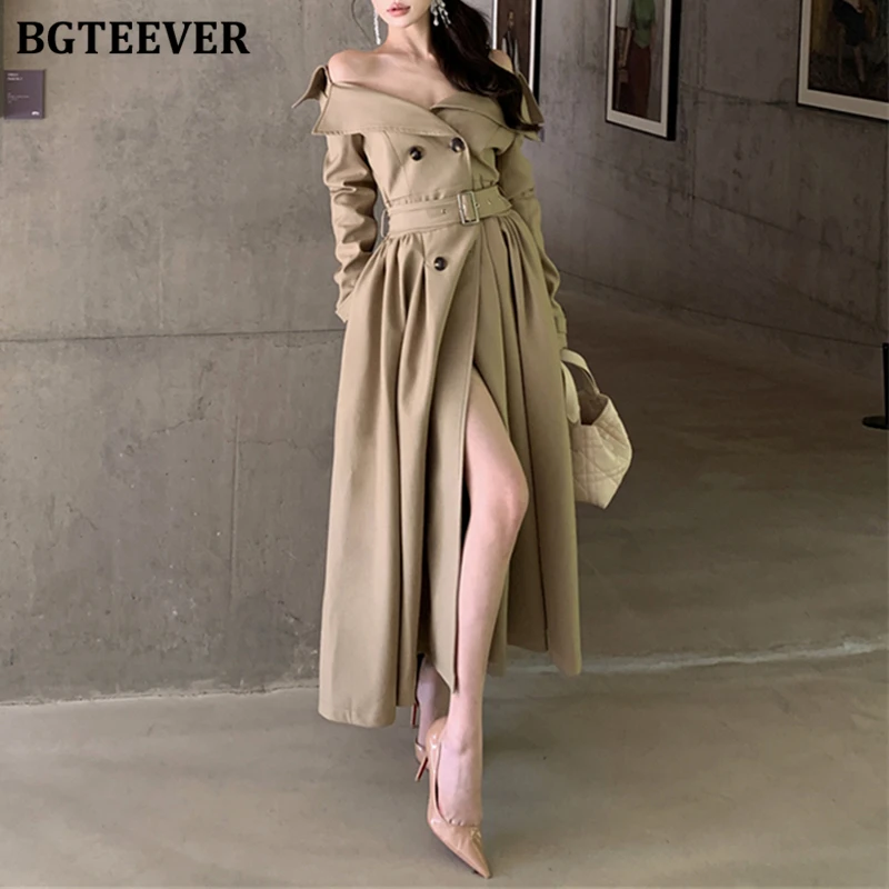 

BGTEEVER Chic Stylish Lapel Women Double Breasted A-line Dress Autumn Winter Elegant Long Sleeve Slim Waist Belted Female Dress