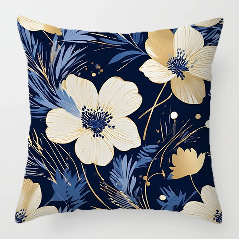 Blue flower pattern throw pillow cover with short plush print living room sofa decoration cushion cover pillow covers decorative