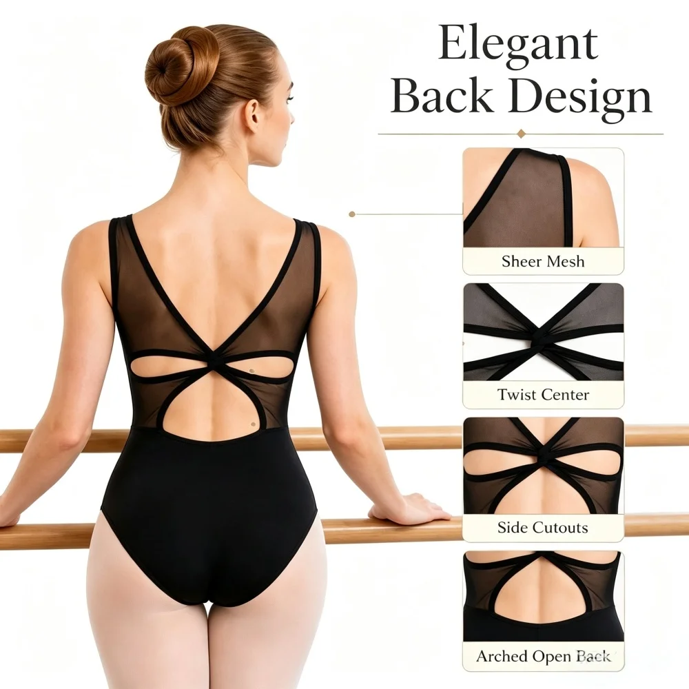 2026  Women Girls Ballet Dance Leotard Soft Nylon Spandex Mesh Cutout Back Sleeveless Bodysuit for Training Performance Yoga