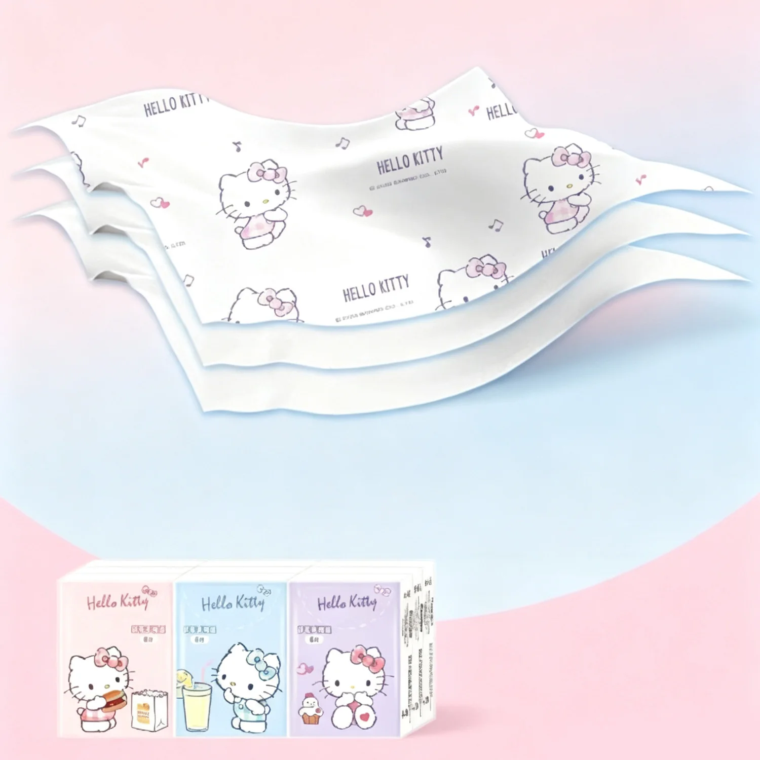 Hello-Kitty-Servietten mit Aufdruck, niedliches Charaktermuster, einzeln verpackt, Papiertücher für unterwegs, zum Essen, für den täglichen Gebrauch, als Geschenk. – Detail 2