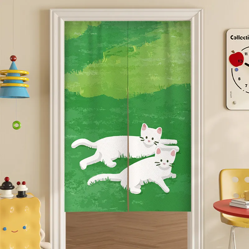 Fresh Illustration Noren Door Curtain - Cute Cartoon Art Childrens Room Café Kitchen Half Length Privacy Drape
