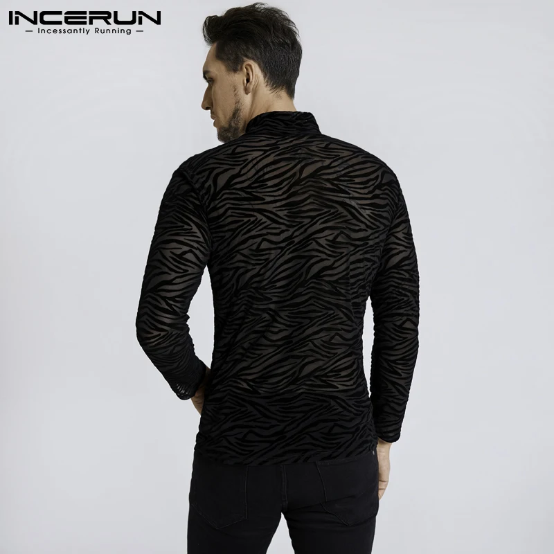 INCERUN Men Mesh T Shirt Turtleneck Long Sleeve See Through Printed Casual Sexy Tee Tops Streetwear Party Nightclub Camisetas