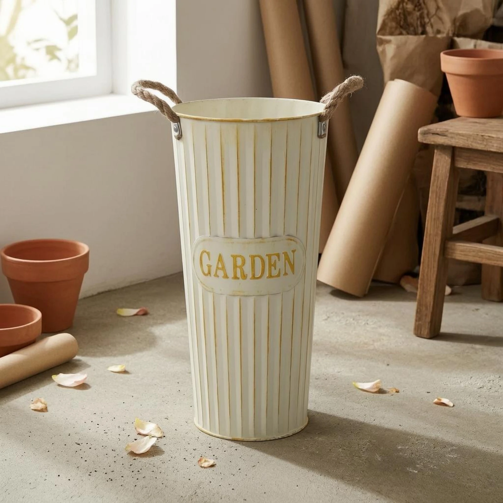 Flower Pail Vase Gold Rim Metal Vase Decor Piece Table Centerpiece Distressed Finish