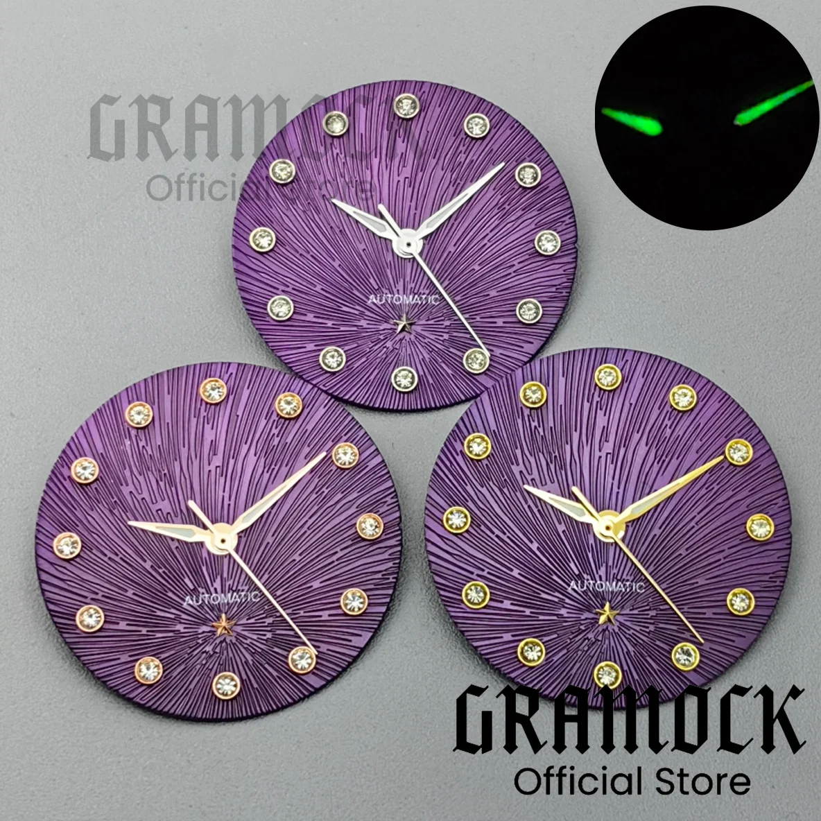 

GRAMOCK 24,5 мм фиолетовый текстурный циферблат с бриллиантовым краем для женских часов 31 мм NH05 NH06 с автоматическим модом, светящаяся стрелка NH05