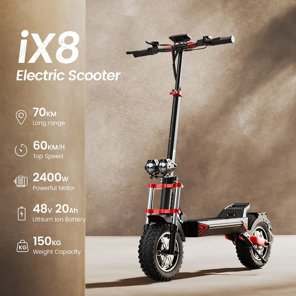 iScooter iX8 Electric Scooter, 2*1200W Motor, 48V 20AH Battery, 12-inch Tire， Dual Hydraulic Disc Brakes, Front & Rear Suspensio